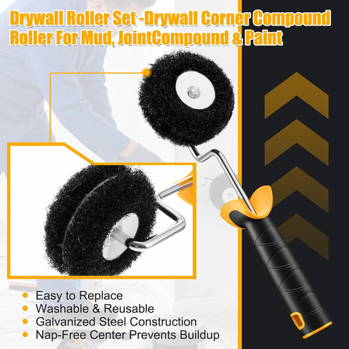 9 Inch 1 1 1 Chumia Drywall Roller Kit with Corner Roller - Standard Frame + Corner Frame, Each with Replacement Cover