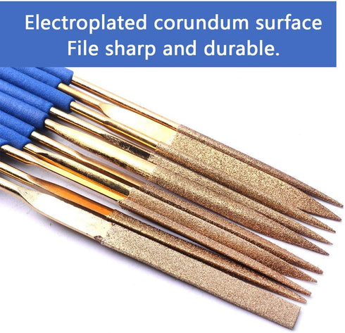 ATOPLEE Mini Diamond Needle File Set - 10pcs 3x140mm Titanium Coated Files for Metal Glass Wood