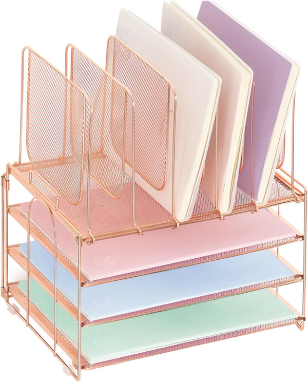 Desk Organizers and Accessories, 3-Tier Paper Organizer with 5 Vertical File Holders, Rose Gold, Desk Accessories