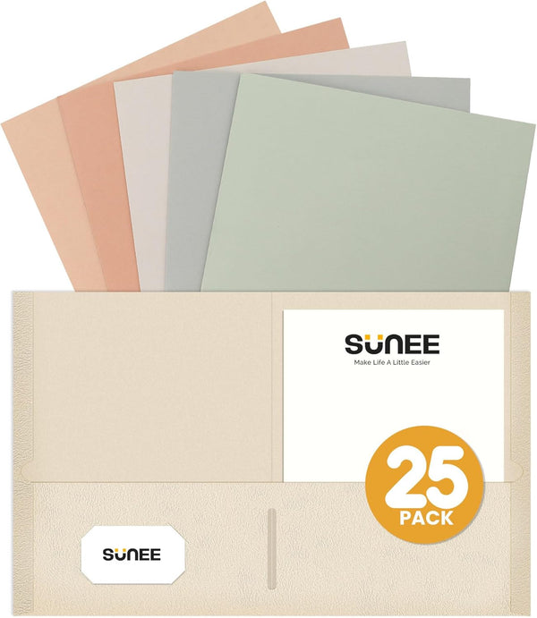 SUNEE Folders with Pockets - 25 Pack Vintage Colors, 2 Pocket Folders for Letter Size Paper, School Office Home Business