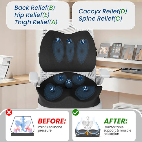 Hsypti Tailbone Seat Cushion Lumbar Support Pillow for Office Chair, X Large Memory Foam Chair Cushions for Sciatica