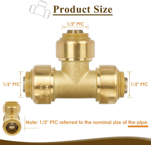 1/2" Push to Connect Tee Brass Plumbing Fitting for PEX, Copper, CPVC Pipe with Upgraded Stiffener (6 Pack)