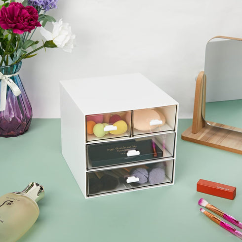 LETURE Desk Organizer with 4 Drawers, Clear Plastic Storage Box for Office Supplies and Stationery