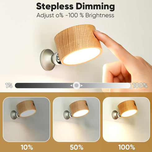 moiandtoi Set 360 Dimmable Rechargeable Wall Lights Battery Operated, Battery Wall Sconces of Two for Bedroom, Wood