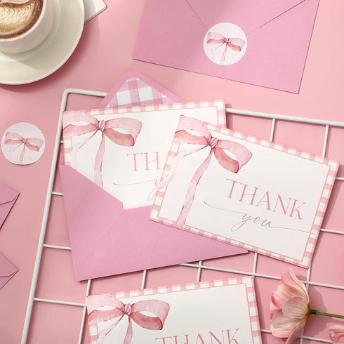 50Pcs JarThenaAMCS Pink Bow Thank You Cards with Envelopes Stickers Greeting Card Watercolor Bow Checkered Blank Note