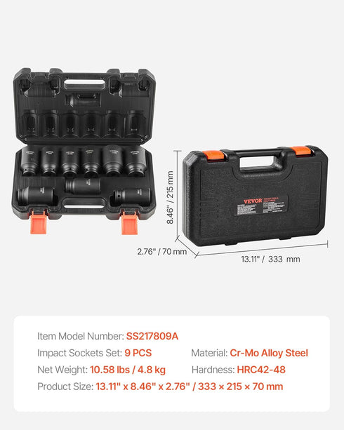 1/2" Set, 9 Set 29-38mm, 6 Set VEVOR Drive Impact Socket Piece Deep Socket Metric Point Cr-Mo Spindle Axle Nut Impact