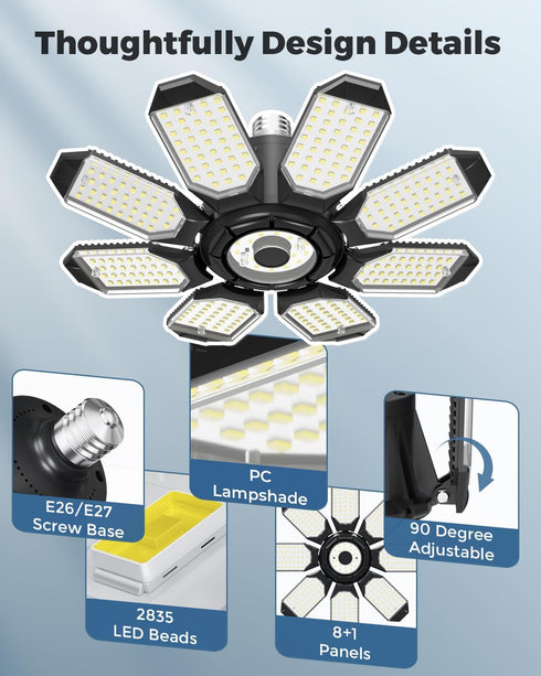 14000Lm 8 Bulb E26 Bulbs Adiding LED Garage Ceiling Lights w/ Adjustable Panels, Super Bright Deformable Basement Light