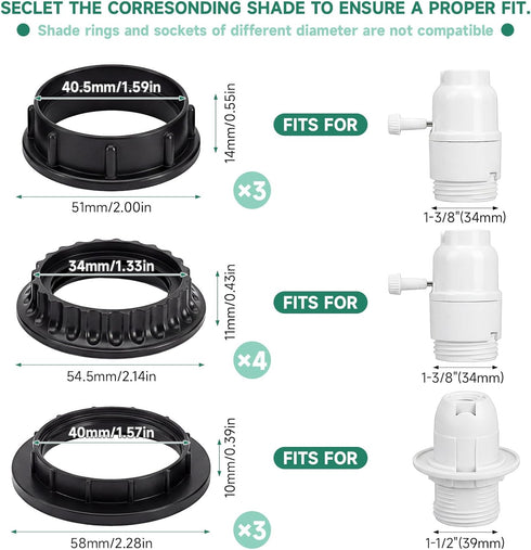 Josojoou 10PCS E26/E27 34/40/40.5mm, Lamp Shade Ring, Three Sizes Lamp Parts, Black Lamp Shade Adapter Ring, Inner