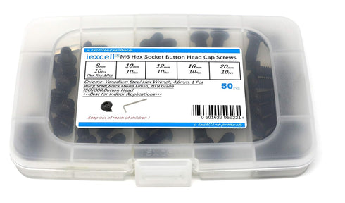 iexcell 50 Pcs M6 x 8/10/12/16/20 Alloy Steel Hex Socket Button Head Cap Screws Assortment Kit, Black Oxide