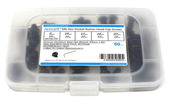 iexcell 50 Pcs M6 x 8/10/12/16/20 Alloy Steel Hex Socket Button Head Cap Screws Assortment Kit, Black Oxide