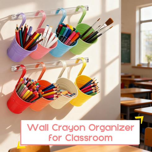 8 Pack Vowcarol Metal Pencil Holder Crayon Organizer for Classroom with Hanging Rack for Wall, Crayon Holder Hanging