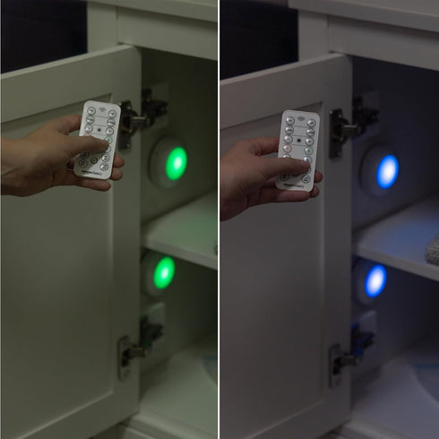 40 Closets, 2-Pack, Amazon Basics LED Puck Lights, Color Changing, Battery Operated, IR Remote, Lumens, Under Cabinet