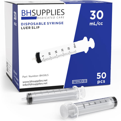 BH Supplies 30ml Luer Slip Tip Syringes (No Needle), Sterile, Individually Wrapped, 50 Syringes