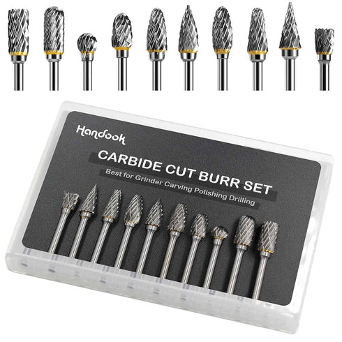 Tungsten Carbide Double Cut Burr Set, 10pcs with 1/8" Shank, 1/4" Grinding Head for Grinder, DIY Wood-Working