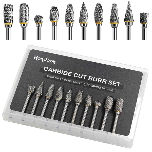 Tungsten Carbide Double Cut Burr Set, 10pcs with 1/8" Shank, 1/4" Grinding Head for Grinder, DIY Wood-Working