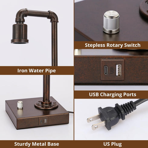 Dimmable 6W Bulb Industrial Table Lamp for Bedroom, Fully Bedside Lamp with USB C+A Ports, Vintage Lamp with Water Pipe