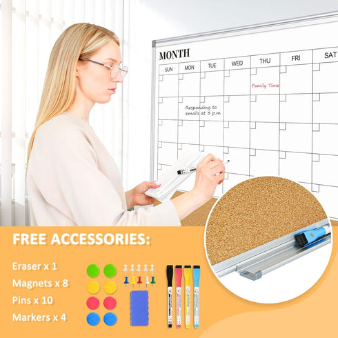 Large Dry Erase Calendar for Wall, 36"x24" Double-Sided Magnetic Whiteboard Calendar with Cork Board