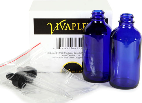 Vivaplex Cobalt Blue Glass Bottles, 4 oz with Glass Eye Droppers - 2 Pack