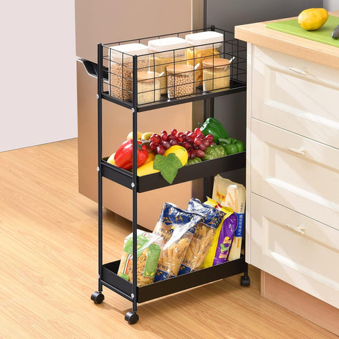 KINGRACK 3-Tier Metal Rolling Utility Cart, Slim Storage Trolley for Kitchen, Bathroom, Laundry Room, Office, Black