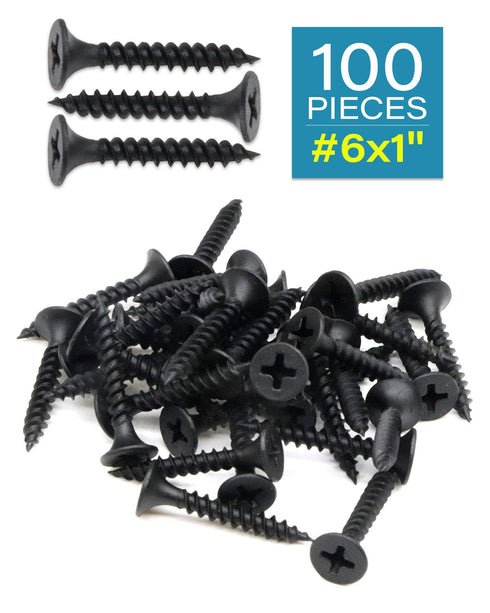 100pcs #6 x 1 Flat Head Phillips Drywall Screws, Carbon Steel 1022A, Black Phosphate