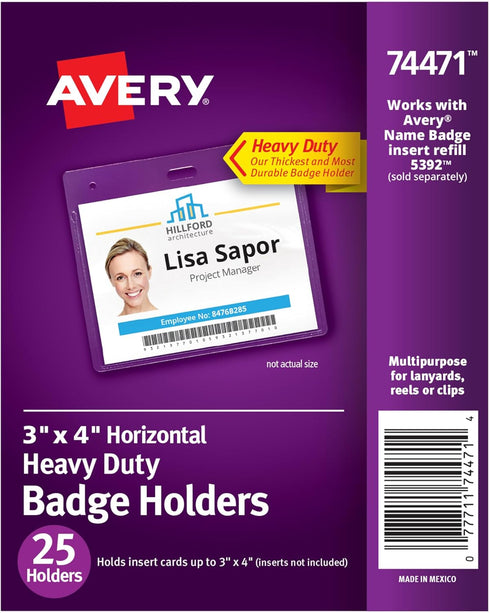 Avery Heavy Duty Badge Holders, 25 Horizontal ID Badge Holders, 3" x 4" (74471)