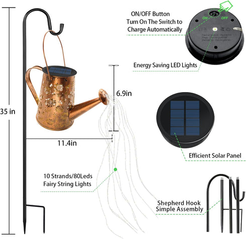 VOOKRY Solar Lights Outdoor Decoration, Large Retro Hanging Metal Solar Watering Can Lights Waterproof Sunflower Garden