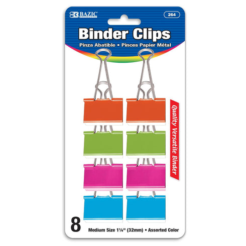 BAZIC Medium Assorted Color Binder Clip, 1 1/4" (32mm) 8/Pack