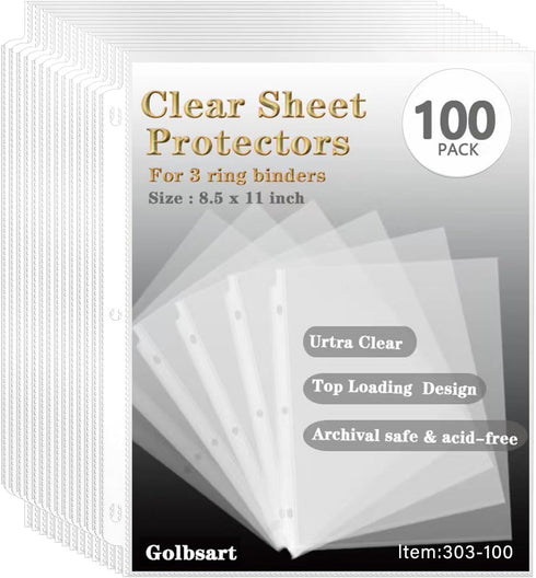 Sheet Protectors 8.5 x 11 Inch, 100 Pack Page Protectors for 3 Ring Binder, Top Loading Plastic Sleeves