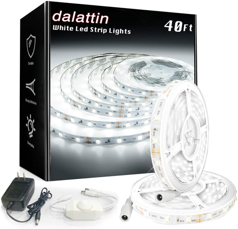 dalattin White LED Strip Lights, 40ft Dimmable LED Light Strip 6500K Bright