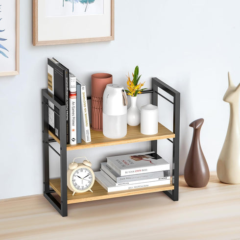 Office Desk Shelf Organizer, Wood Desktop Bookshelf Supplies Storage Rack, 2 Tier Shelf for Desk and Dresser (Black)