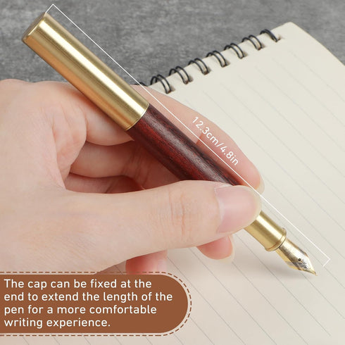Vintage Wooden Mini Fountain Pen, Short Pocket Travel Fine Nip Pen, Smooth Writing with 15 Pcs Black Ink Cartridges