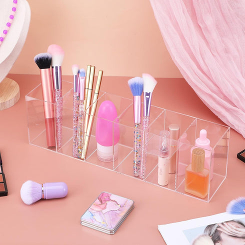 Xaajooio 2 6 Pcs Acrylic Makeup Brush Holder and Pencil Organizer, Compartments Clear Pen Holder for Desk, Office