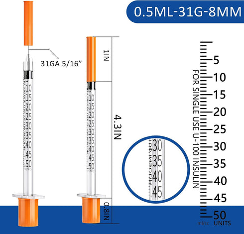U-100 0.5ml 31G 5/16 Inch(8mm) Pack 100 Syringe , Syringes for Lab Supplies Dispensing Supplies, Individually Wrapped