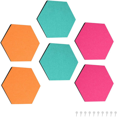 Navaris Hexagon Felt Board Tiles, Set of 6 Memo Bulletin Boards with Push Pins (5.9 x 7 inches) - Turquoise, Orange
