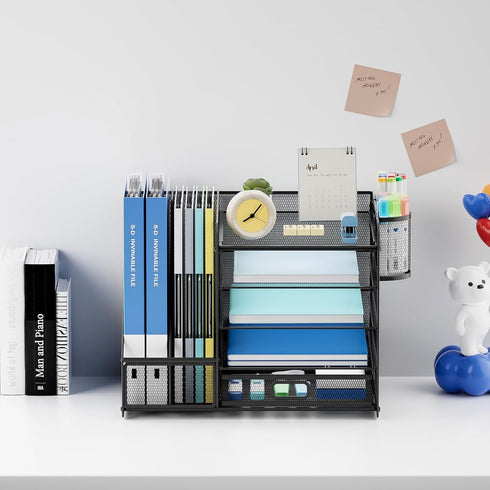 Desk Organizer with File Holder, 5-Tier Paper Letter Tray with Sliding Drawer and 2 Pen Holders, Mesh for Office