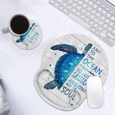 Ergonomic Mouse Pad Wrist Support and Coffee Coaster, Funny Words with Blue Sea Turtle on Rustic Wooden Board Design