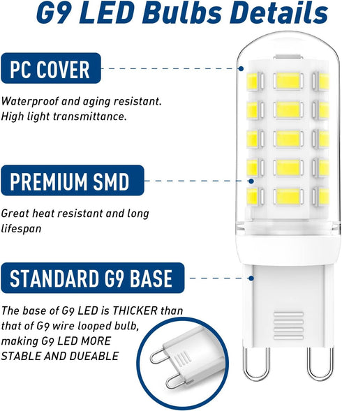 G9 Dimmable Bulb 3W 6000K,40W 60W G9 Bulb 350 120V No-Flicke,10-Pack LED Light Daylight White Halogen Equivalent, LM AC