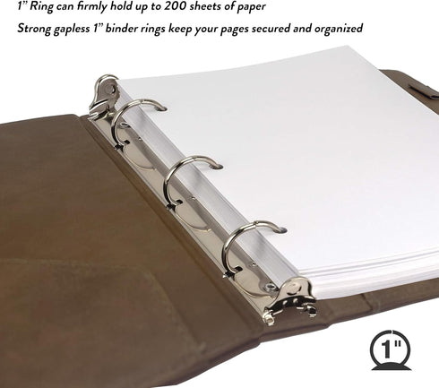 Mini 3 Ring Leather Binder - 5.5 x 8.5 with Clipboard, Vintage Hardback 1 Inch Binder, Portfolio with Notepad