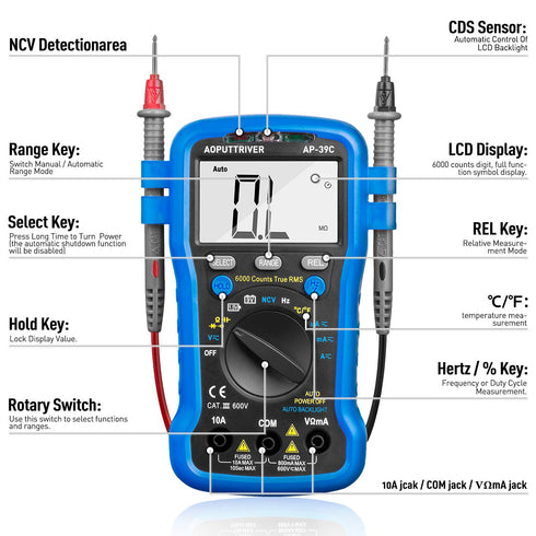 Smart Digital Multimeter: AC DC Voltage Current Meter 6000 Count, Auto Range Multi Tester for Electrical Measuring