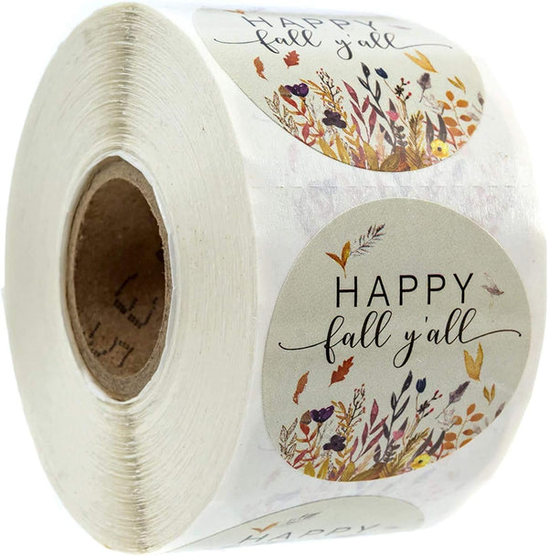 Happy Fall Y'all Stickers - 1.5 Inch Autumn Leaves Circle Labels - 500 Thanksgiving Floral Labels Per Roll