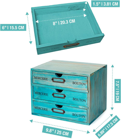 Turquoise 3-Tier Drawer Unit, European Country Style Desk Organizer Box, Wooden Teal Stackable Drawers