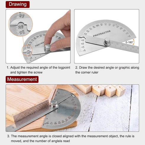 Stainless Steel Angle Protractor 0-180 Degrees Measuring Ruler with 20cm/7.87" Round Head for Woodworking