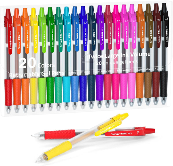 Lineon 20 Colors Gel Pens, Retractable Medium Point (0.7mm) with Grip, Smooth Writing for Adults and Kids Journals