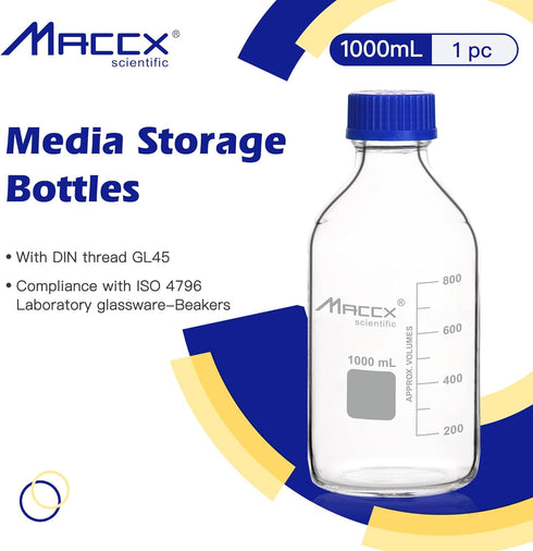 Glass Round Media Storage Bottles - 1000ml Volume, 3.3 Borosilicate Glass with GL45 Polypropylene Screw Cap