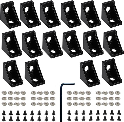16 Set Black 2020 Series Aluminum Extrusion Profile Connector Set, Includes 16pcs Corner Brackets, 32pcs Nuts