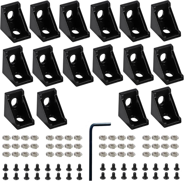 16 Set Black 2020 Series Aluminum Extrusion Profile Connector Set, Includes 16pcs Corner Brackets, 32pcs Nuts
