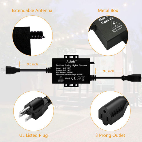 Dimmer 1000W IP68 3 Dimmer Dimmable Outdoor Switch for String Lights, Max Power Waterproof Wireless RF Remote Control