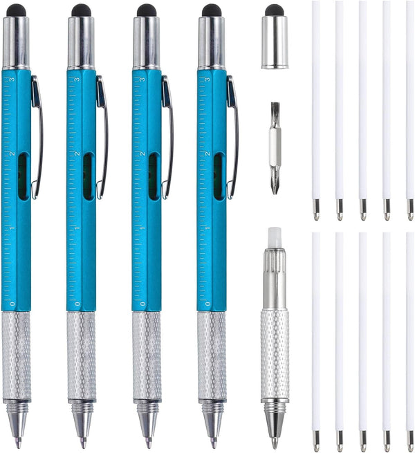 MECCANIXITY 4pcs 6 in 1 Multitool Tech Tool Pen Gifts for Men, Ballpoint Pen, Ruler, Screwdriver, Blue