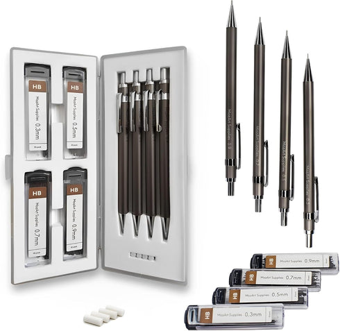 MozArt Mechanical Pencil Set with Case - 4 Sizes: 0.3, 0.5, 0.7 & 0.9mm with 30 HB Lead Refills Each