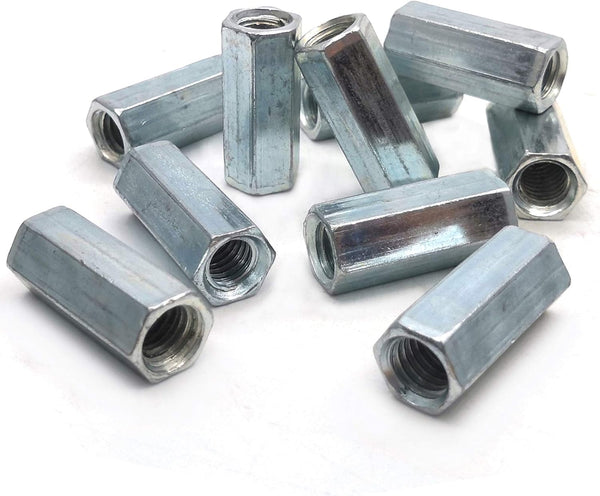 M8 x 1.25-Pitch Long Rod Metric Hex Coupling Nut, 28mm Length, 10 Pack, Zinc Plated